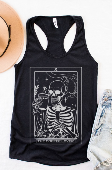 COFFEE LOVER T-SHIRT TAROT CARD SKULL CAFE COFFEE