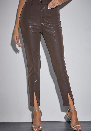 HIGH WAIST SLIT FAUX LEATHER PANTS
