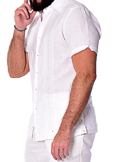 MEN'S LINEN GUAYABERA S/S FANCY EMBROIDERED PANEL