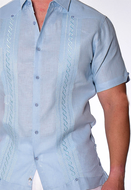 MEN'S LINEN GUAYABERA SHORT SLEEVE EMBROIDERED PANEL SHIRT