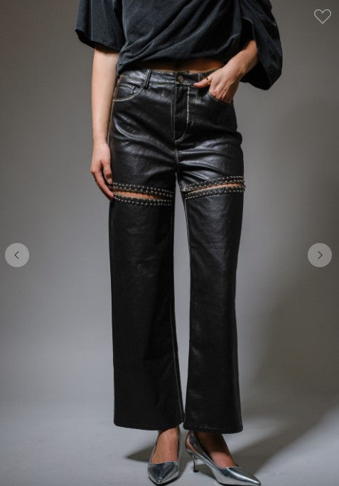 STONE STUDDED FAUX LEATHER PANTS