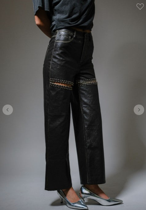 STONE STUDDED FAUX LEATHER PANTS