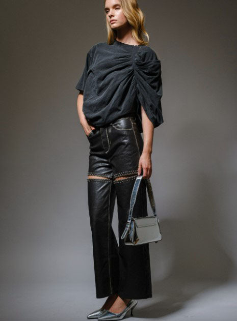 STONE STUDDED FAUX LEATHER PANTS
