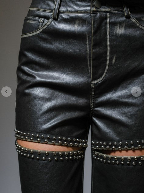STONE STUDDED FAUX LEATHER PANTS