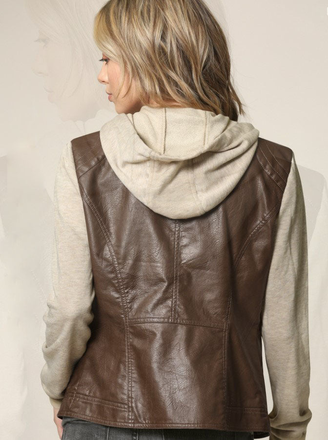 FAUX LEATHER SWEATER SLEEVE JACKET