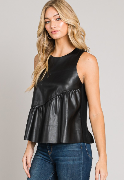 SLEEVELESS ASYMMETRIC RUFFLE HEM VEGAN LEATHER TOP