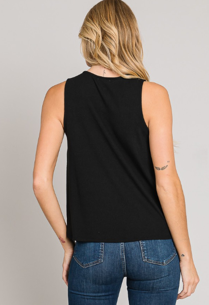 LACE SHOULDER SLEEVELESS VEGAN LEATHER TOP