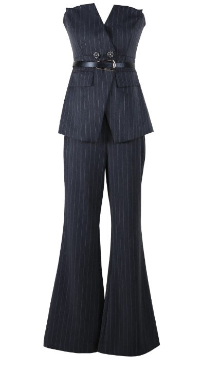 SOPHISTICATED HALTER JACKET DARK GREY SUIT WITH BELT