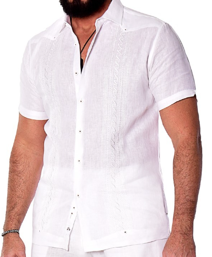 MEN'S LINEN GUAYABERA S/S FANCY EMBROIDERED PANEL