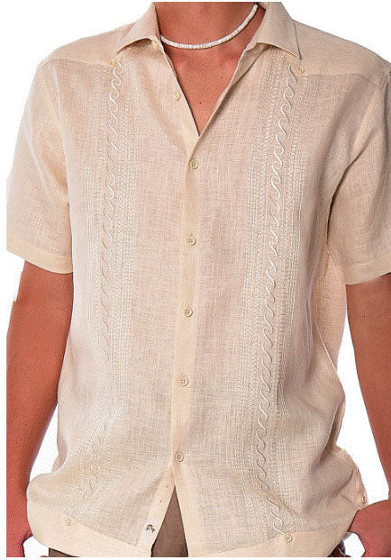 MEN'S LINEN GUAYABERA SHORT SLEEVE EMBROIDERED PANEL SHIRT