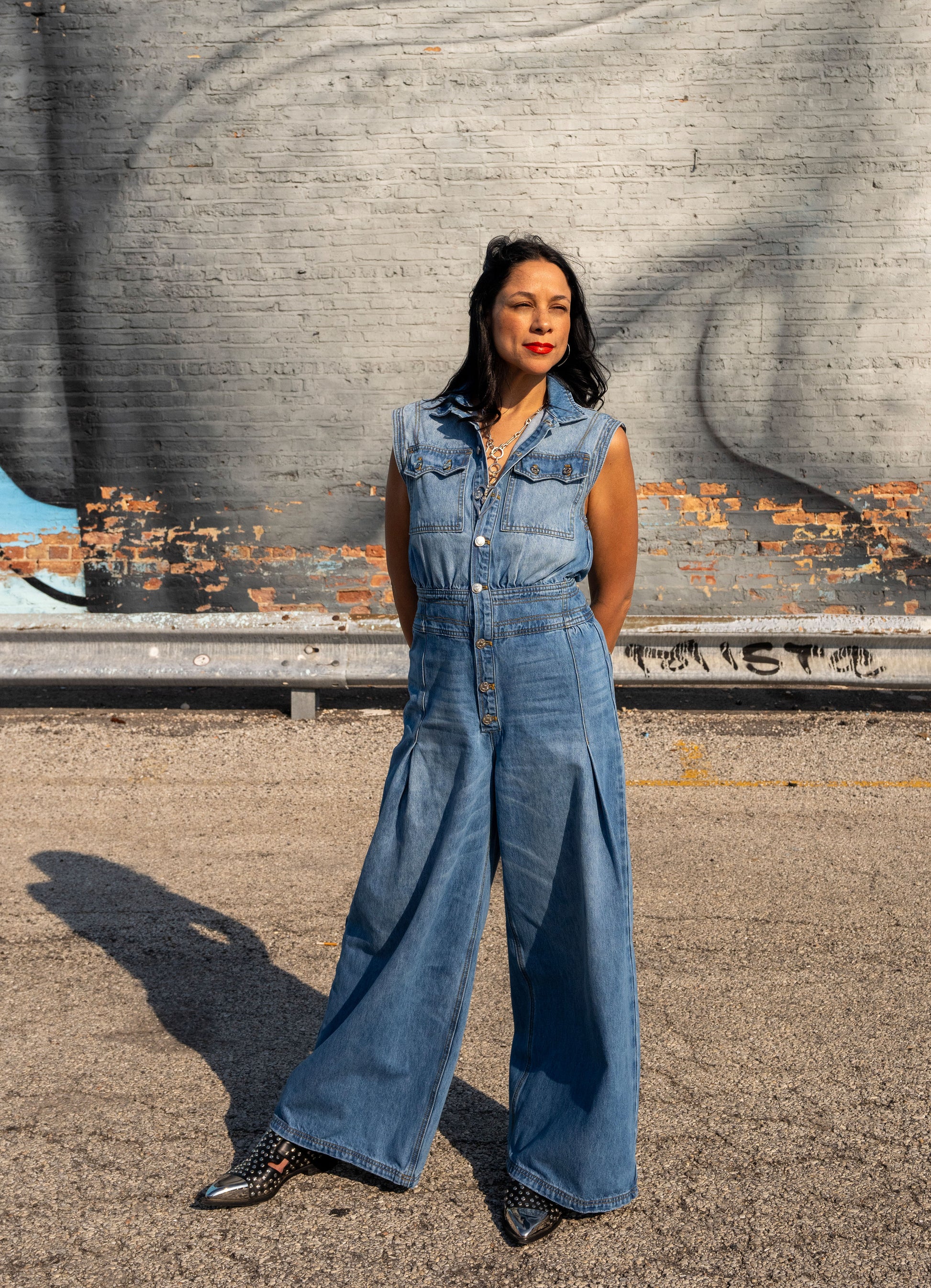 DENIM SLEEVELESS SHIRT JUMPSUIT - Main Image