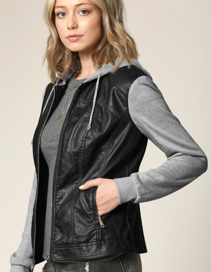 FAUX LEATHER SWEATER SLEEVE JACKET
